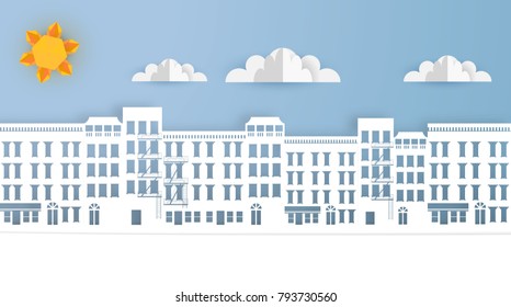 Vector Paper Art Landscape, Urban Scene. Origami Paper Buildings.