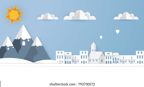 Vector Paper Art Landscape, Urban Scene. Origami Paper Buildings.