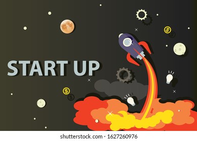 vector paper art launch rocket in the space.start up background.Rocket launcher
