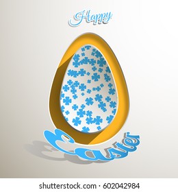 Vector paper art of light gray Easter egg with floral pattern, blue text on the yellow background.