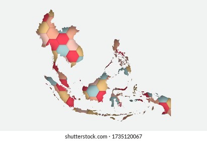 Vector paper art map of Southeast Asia. abstract hexagon and polygonal style colorful.