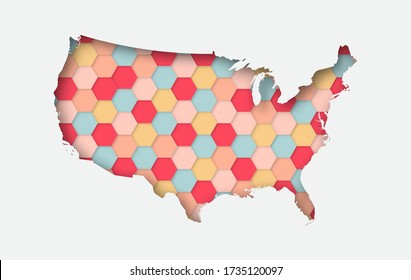 Vector paper art map of United States of America (USA). abstract hexagon and polygonal style colorful.