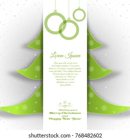 Vector paper art for Merry Christmas and Happy New Year with insert in the form of a green Christmas tree cut from paper and text in the center on the light background with snowfall pattern.