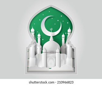Vector of Paper art Mosque. Translation: Ramadan Kareem