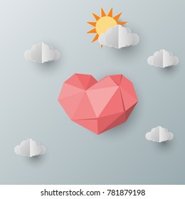 Vector paper art, Polygon Pink Hearts with Clouds Concept of Love and Valentine's Day