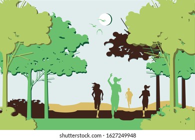 vector paper art running in the forest