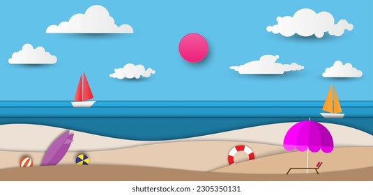 Estilo de arte de papel vectorial en la playa, juguete con vistas al paisaje marino, tiempo para viajes de viaje o vacaciones, viaje de viaje y relajación, objeto y capa editable, espacio de copia para texto y diseño