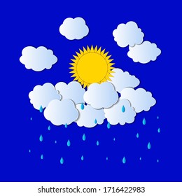 Vector paper art style, clouds with a rain and shining through the clouds sun, brught blue background, graphic backdrop template.