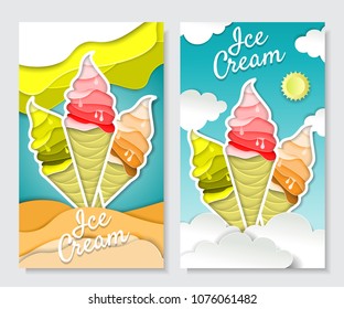 Vector paper art style ice cream vertical banner set. Delicious ice cream cones in bright colors against summer background. Ice cream ad design templates.