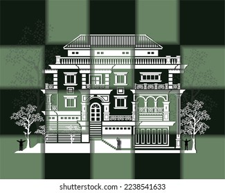Vector paper art of white 3 storeys classic house with its elements, 4 columns, roof, stairs, 3 crowns, 5 windows, 3 doors, trees and people on modern colors dark gray and young green background