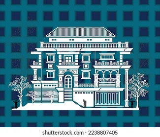 Vector paper art of white 3 storeys classic house with its elements design, 4 columns, roof, stairs, 3 crowns, 5 windows, 3 doors, trees and people on blue and cyan small plaid background