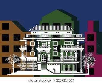Vector paper art of white 3 storey classic house with its elements, 4 columns, roof, stairs, 3 crowns, 5 windows, 3 doors, trees and people on colorful modern buildings background