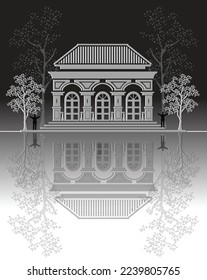 Vector paper art of white a storey classic house with its elements, 4 columns, roof, stairs, a crown, 3 doors, trees and people with its reflection on gray gradient background.