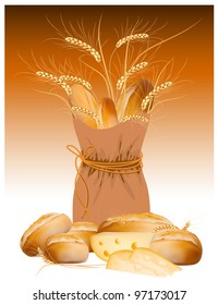 Vector paper bag with bread and wheat