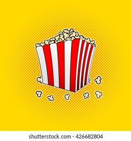 Vector paper bag full of popcorn in pop art style.