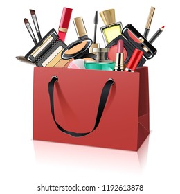 Vector Paper Bag with Makeup Cosmetics isolated on white background