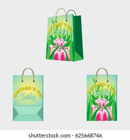 Vector paper bag for sale on Mother's Day. Tulips and grass on a yellow-blue gradient background. Front view, perspective view, back view