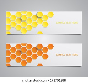 Vector paper banner with a set of hexagons pattern background. Clean and modern design style for business 