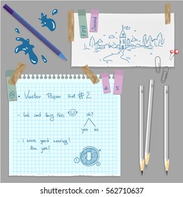 Vector Paper banners with notes set attached with sticky colorful tape. illustration isolated on grey background.
