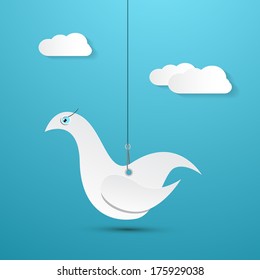Vector Paper Bird Hang on Rope with Sky and Clouds on Background