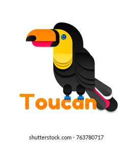 Vector paper bird. Illustration in origami style. Toucan of colored paper. Toucan logo in cartoon design isolated on white bg
