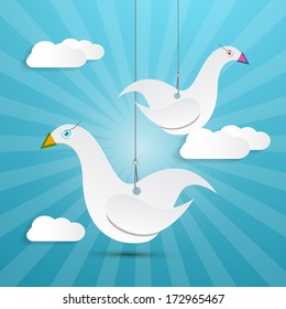 Vector Paper Birds Hang on Rope with Retro Sky and Clouds Background
