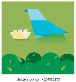 vector Paper birds nesting in the trees and the sky with little leaves