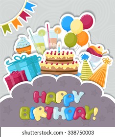 Vector paper Birthday greeting card with different Birthday stuff and place for text

