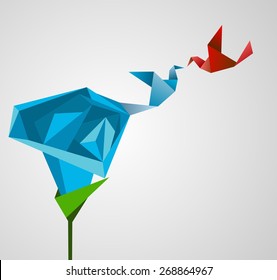 vector paper blue rose and birds. Origami abstract background. 