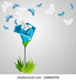 Vector Paper Blue Rose And Butterfly. Origami Abstract Background. 