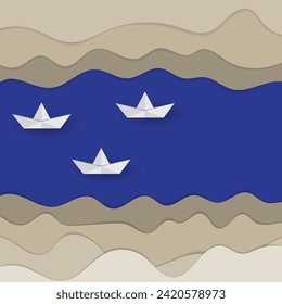 Vector paper boat or ship transportation via canal desert, world shipping route transport, difficult cargo pirate during the civil war, flat design copy space for text, editable shape and object