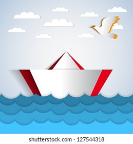 Vector paper boat sticker floating on paper water with paper bird -  illustration card