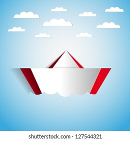 Vector paper boat sticker floating on paper water - illustration card