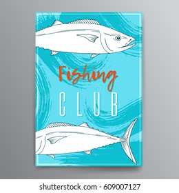 Vector paper brochure with tuna fish hand drawn illustration. Ink outlines sketch with marine animal swimming in the ocean