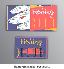 Vector paper brochures and cards set with tuna fish hand drawn illustration. Ink outlines sketch with marine animal swimming in the ocean