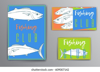 Vector paper brochures and cards set with tuna fish hand drawn illustration. Ink outlines sketch with marine animal swimming in the ocean