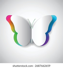 Vector paper butterfly cut with rainbow layer reveal. White minimalist 3D paper cut design with smooth shadows.