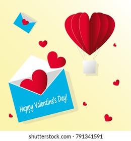 Vector paper card Valentine's day. Open envelope with flying red hearts. and air hot balloon on yellow background.