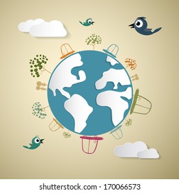 Vector Paper Cars, Clouds, Trees, Birds on Earth, Globe