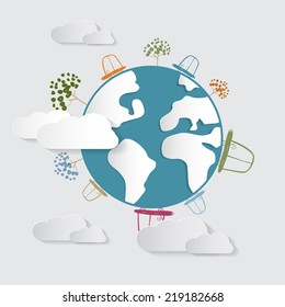 Vector Paper Cars, Clouds, Trees, on Earth, Globe 