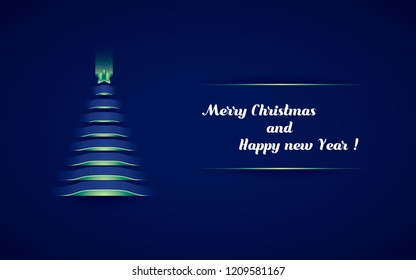 Vector Paper Christmas and New Year Tree with neon light and glowing star. Design vector elements for holiday cards and banners. Paper cut style. 