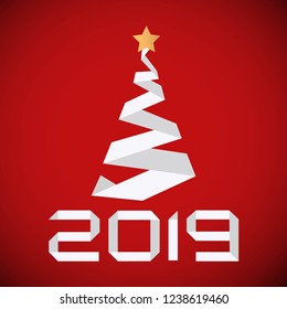 Vector Paper Christmas and New Year Tree. holiday cards and banners. 2019. Paper cut style.