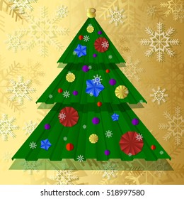 Vector paper Christmas tree, decorated with festive paper balloons, snowflakes. A Christmas tree is attached to the background of yellow pushpin.