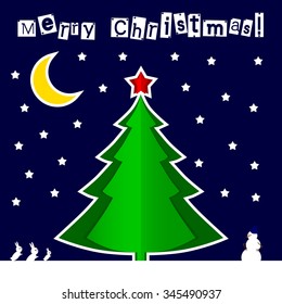 Vector paper Christmas tree on a blue night background. Design elements for holiday cards.