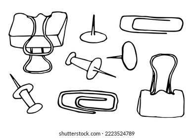 Conjunto de clips de papel del vector. Ilustración de suministros de oficina dibujados a mano.