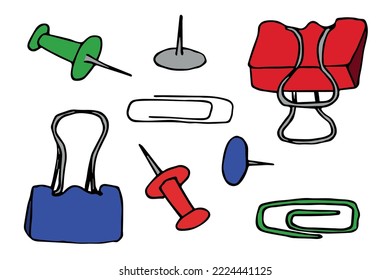 Conjunto de clips de papel del vector. Ilustración de suministros de oficina dibujados a mano.
