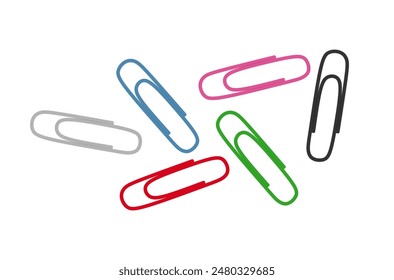 Vektorgrafik Papier Clips. Bunte Clips aus Metallpapier in ovaler Form isoliert auf weißem Hintergrund. Briefpapier für angehängte Dokumente. Büroklammern im flachen Stil. farbige Vektorillustration