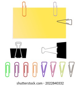 Vector paper clips of various shapes and yellow note paper.
