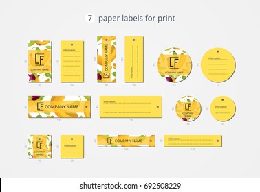 Vector paper clothing labels for print with pattern bananas and flower