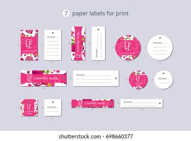 Vector paper clothing labels for print with pattern pomegranate and flower